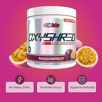 EHP Labs OxyShred Pre Workout Powder & Shredding Supplement - Preworkout Powder with L Glutamine & Acetyl L Carnitine, Energy Boost Drink - Passionfruit, 60 Servings