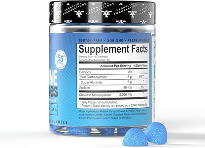 Creatine Monohydrate Gummies, 5g Creatine per Serving, Sugar-Free Creatine Supplement for Strength, Lean Muscle & Cognitive Support, Sour Blue Razz, 120 Gummies