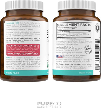 Organic Cranberry Pills - Vegan Supplement for Urinary Tract Health & Kidney Cleanse - Cranberry Pills for Women 500mg 50:1 Cranberry Concentrate Per Serving - Urinary Tract Support - 120 Capsules