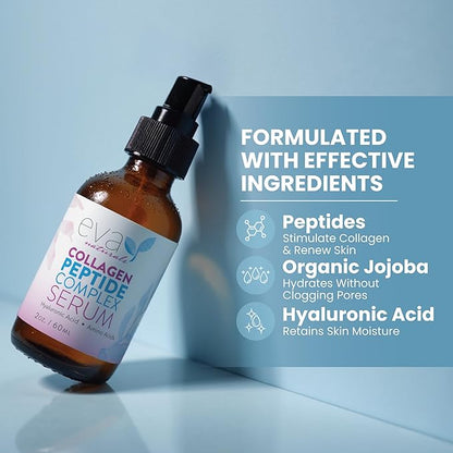 Eva Naturals Multi Peptide Face Serum – Anti Aging Collagen Peptides for Plump & Firm Skin Elasticity, Wrinkle & Fine Line Renewal, Fragrance Free Firming Facial Skincare - 2 oz