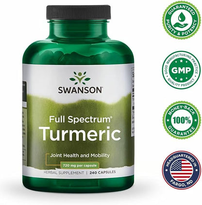 Swanson Full Spectrum Turmeric Curcumin Joint, Liver, and Digestive Support Supplement for Active Adults - Non-GMO, Gluten-Free (240 Vegan Capsules, 4 Pack)