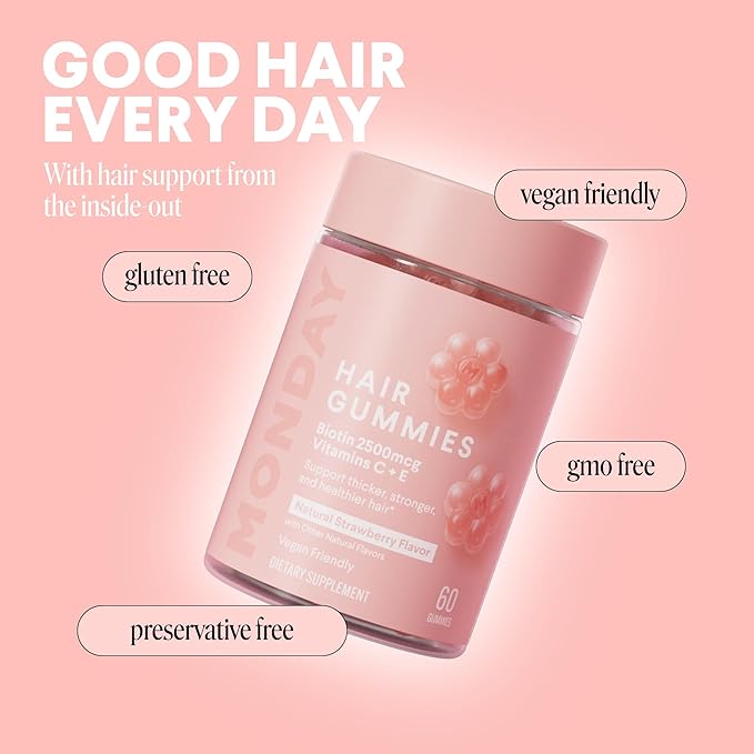 MONDAY HAIRCARE Hair Gummies with 2500 mcg Biotin, Vitamin C & Vitiman E for Thicker, Stronger and Healthier Hair 60ct