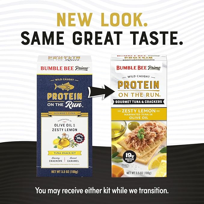 Bumble Bee Prime Protein on the Run Tuna Snack Kit - Gourmet Tuna Marinated in Olive Oil & Zesty Lemon with Crackers and Serving Utensil - 19g of Protein Per Serving, Easy Open Can