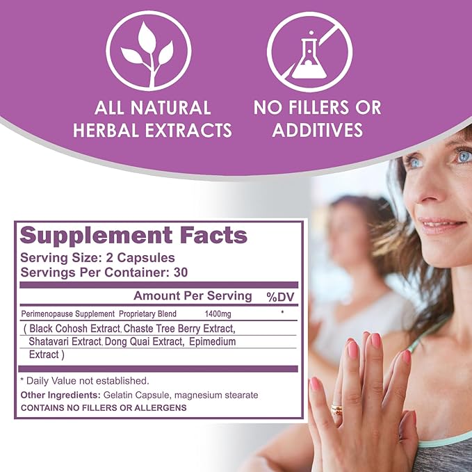 VH Nutrition Perimenopause Supplement for Women | Hot Flash, Mood, and Menstruation Cycle Support | 100% Herbal Formula: Black Cohosh, Vitex, & Shatavari. No Additives, or Fillers
