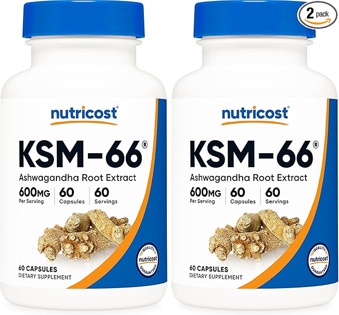 Nutricost KSM-66 Ashwagandha Root Extract 600mg, 60 Veggie Caps - 5% Withanolides - with BioPerine - Full-Spectrum Root Extract (Pack of 2)