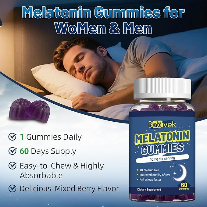 Melatonin 10mg Gummies for Sleep Support, Natural Berry Flavor, Non-GMO, Gluten Free, Vegan, 60 Count, 2 Month Supply – Bedtime Relaxation & Restful Sleep Aid