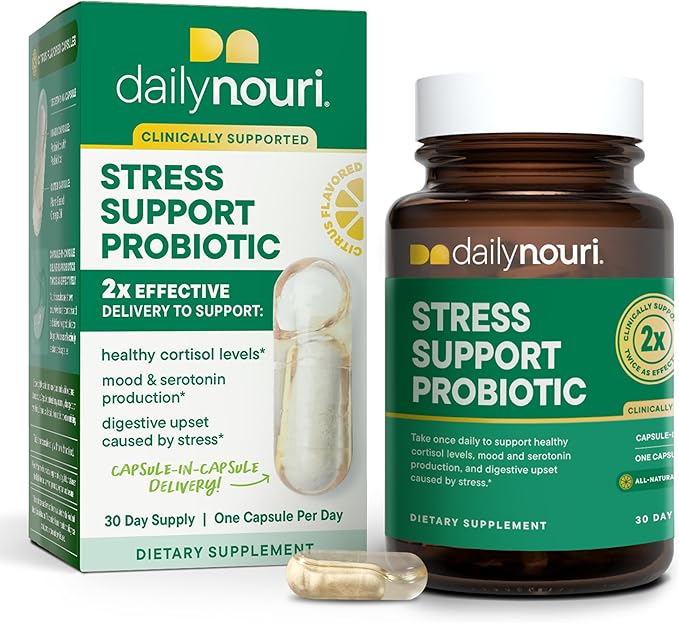 Daily Nouri Stress Support Probiotics for Women & Men | Mood & Cortisol Support | Gut-Brain Axis + Digestive Support | 3 Clinically Studied Strains + Omega | 30-Day Supply