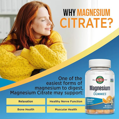 KAL Magnesium Citrate Gummies - Relaxation, Bone, Muscle and Cellular Energy Support - 330mg Magnesium Supplement - Orange Vanilla Flavor - Non-GMO, Vegetarian - 60 Magnesium Gummies