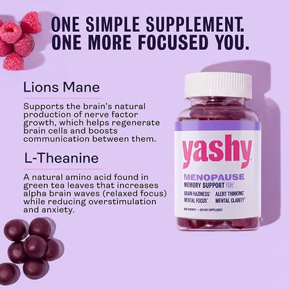 Menopause Memory Support Gummies | Improve Memory & Focus, Stay Alert, & Mentally Present | 30 Servings | Delicious Raspberry Pomegranate Flavor | L-Theanine & Lions Mane