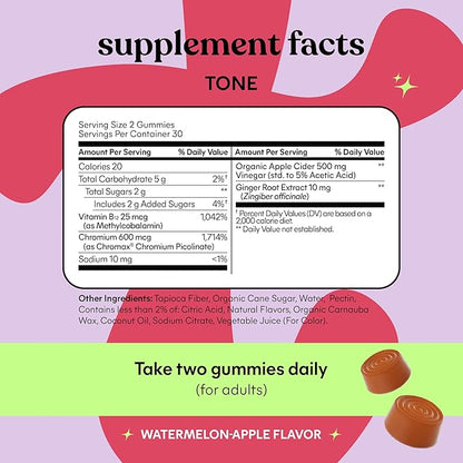 Lemme Tone Metabolism Gummies, Apple Cider Vinegar, Clinically Studied Chromium, B12, Ginger Root Extract, Promote Lean Body Mass, Watermelon Apple Flavor (30 Day Supply)
