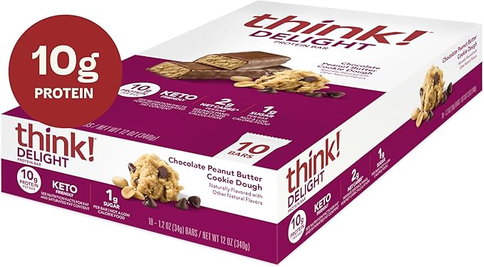 think! Delight, Keto Protein Bars, Healthy Low Carb, Gluten Free Snack - Chocolate Peanut Butter Cookie Dough, 10 Count (Packaging May Vary)