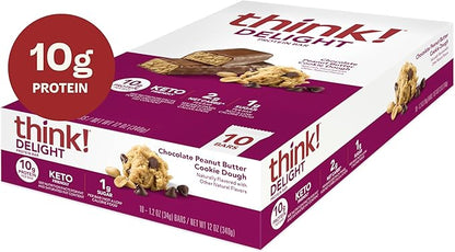 think! Delight, Keto Protein Bars, Healthy Low Carb, Gluten Free Snack - Chocolate Peanut Butter Cookie Dough, 10 Count (Packaging May Vary)