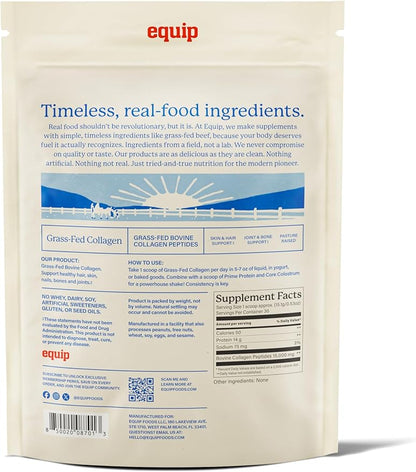 Equip Foods Grass Fed Collagen Powder | Hydrolyzed Bovine Collagen Peptides with Amino Acids | Prime Beef Collagen for Healthy Joints, Skin & Nails | Non-GMO, Paleo Friendly | 30 Servings, Unflavored