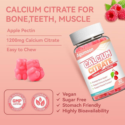 Calcium Citrate Gummies 1200mg, Chewable Calcium Supplement for Women & Men, Ultimate Absorption Calcium Gummies for Muscle & Immune Support, Sugar Free, Raspberry Flavor, 60 Count
