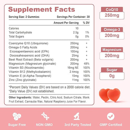 High Absorption CoQ10 Gummies 250 mg, Plus Omega-3, Vitamin B3 for Cellular Energy, Brain & Antioxidant, 5X Better Absorption Coenzyme Q10 Supplement, Raspberry Flavored - 60 Cts