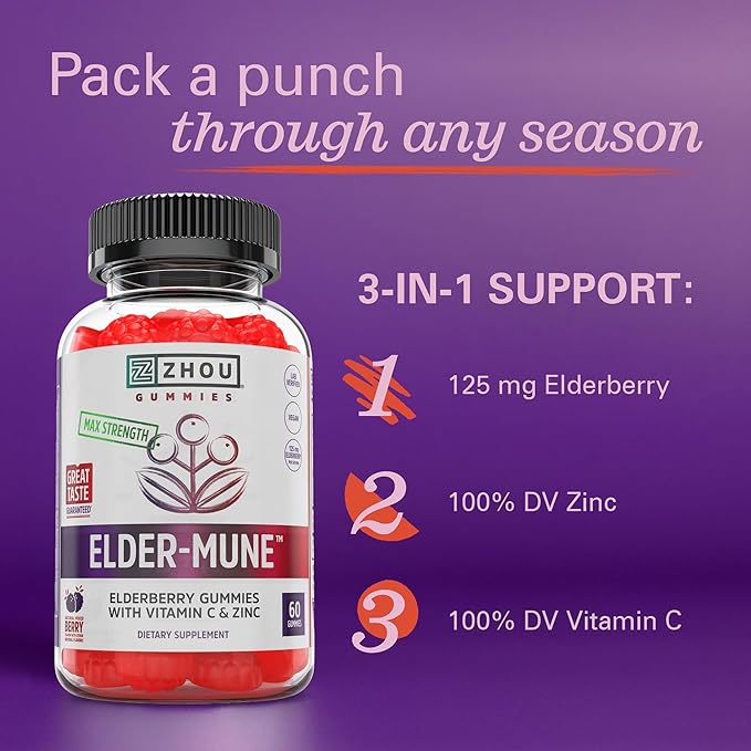 ZHOU Elder-Mune Elderberry Gummies - Black Elderberry Vitamin C, & Zinc, Daily Immune Support Supplement for Women & Men, Natural Chews for Adults & Children 4 & Up - 60 Gummies (3 Pack)
