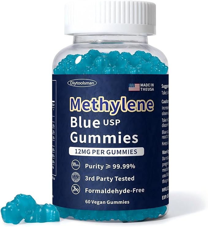 Methylene Blue Gummies Pharmaceutical Grade (12 MG), Support Mental Clarity, Memory, Focus, Cognition & Natural Energy, Made in USA, Formaldehyde Free, 60 Gummies