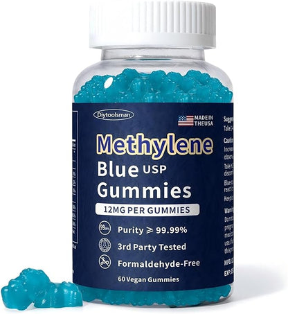 Methylene Blue Gummies Pharmaceutical Grade (12 MG), Support Mental Clarity, Memory, Focus, Cognition & Natural Energy, Made in USA, Formaldehyde Free, 60 Gummies