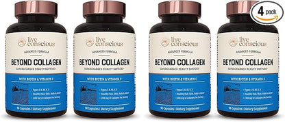 Live Conscious Beyond Collagen Multi Collagen Capsules - Types I, II, III, V & X | Hydrolyzed Blend with Biotin & Vitamin C for Hair, Skin, Nails 90 Capsules (4-Pack)