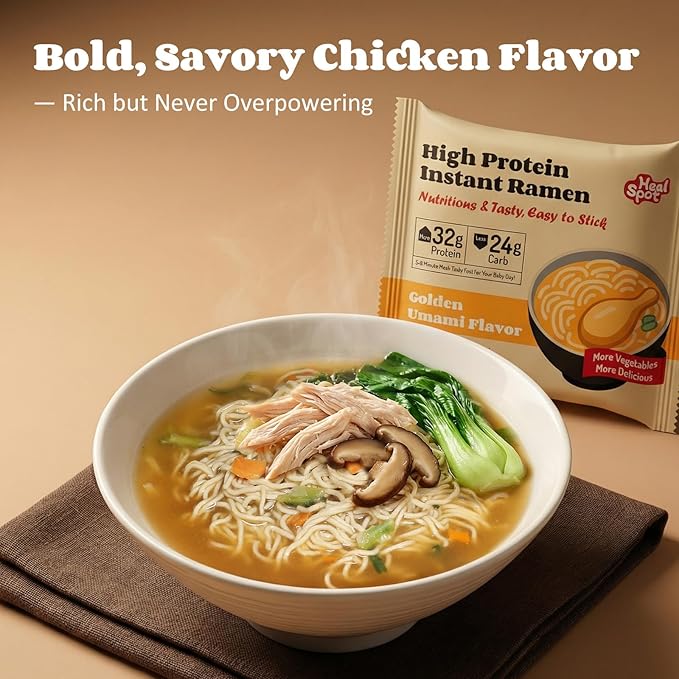 Healspot High Protein Instant Ramen, 6 Pack Non Fried Ramen Broth, 32g Plant Based Protein, Low Fat, Low Carb, Non GMO, Keto Friendly & Plant Based(Golden-Chicken)