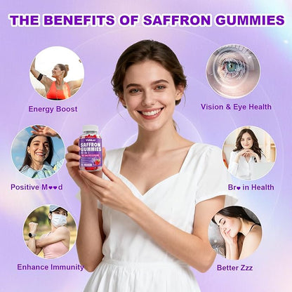 Pack of 2 Saffron Gummies, 10-in-1 Saffron Supplements for Kids & Adults with 88.5mg Saffron Extract, for Emotions, Zzz, Sugar Free, Raspberry Flavor, 120 Count