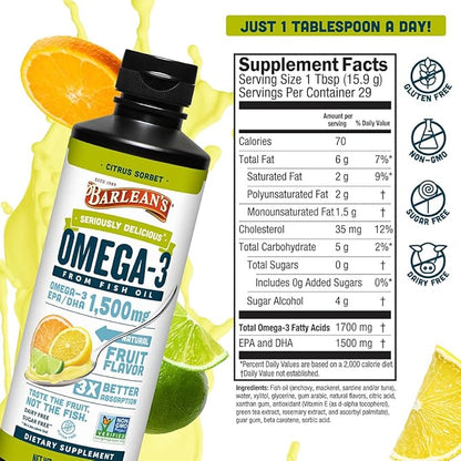 Barlean's Omega 3 Fish Oil Liquid Supplement for Men and Women, 1500mg of EPA and DHA Fatty Acid, Promotes Brain & Heart Health - Non-GMO, Citrus Sorbet, 16 oz