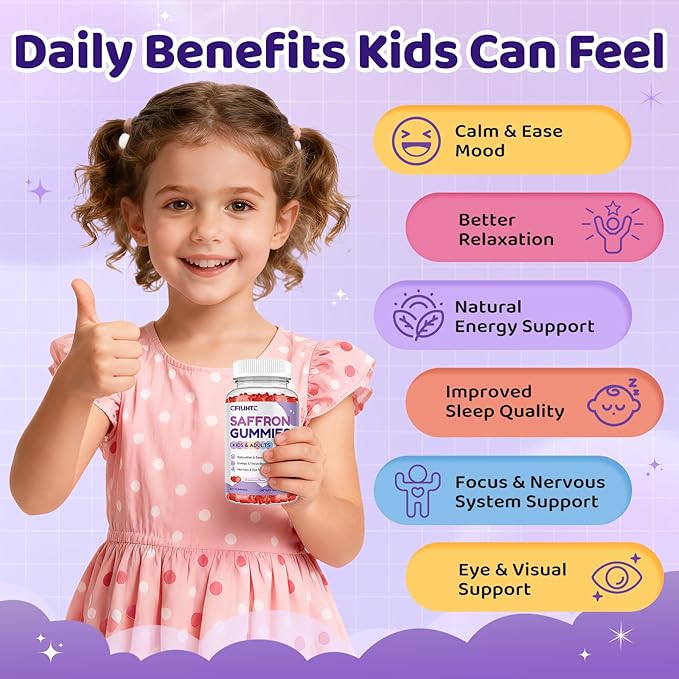 Saffron Gummies for Kids & Adults, 20-in-1 Saffron Supplements with 88.5mg Saffron Extract, B6, B12, C, D3, Magnesium for Calm, Focus, Nerve, Sugar Free, Vegan, Non-GMO - Strawberry Flavor, 120 Counts