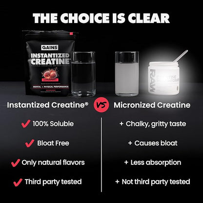 Gains in Bulk Instantized Creatine Monohydrate for Men & Women, Soluble Pre Workout Powder, Supports Muscle Building, Strength and Performance, Bodybuilding Supplements, Sour Raspberry, 30 Servings