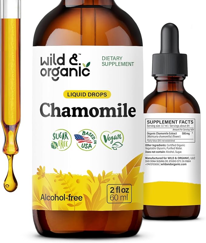 Wild & Organic Chamomile Tincture - Add to Tea for Relaxation Support - 500 mg Chamomile Flowers Drops - Mood Support Herbal Supplement - 28-Day Supply - Vegan, Sugar & Alcohol-Free - 2 fl oz