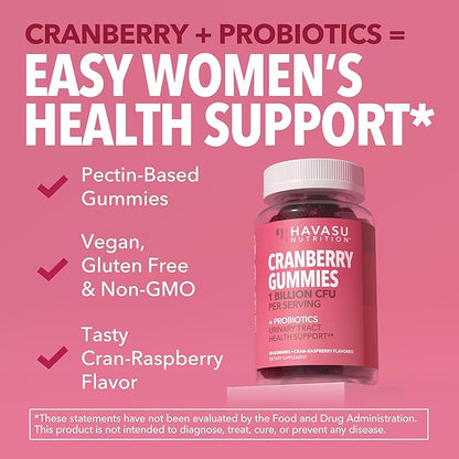 Probiotic Cranberry Gummies for Women - Urinary Tract Health and pH Balance - 1 Billion CFU of Lactobacillus for Bladder Support and Vaginal Wellness - Cran-Raspberry Flavor, 60 count, 1-Month Supply