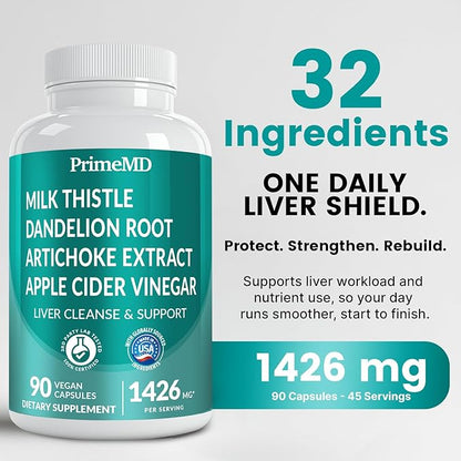 32-in-1 Liver Support with Milk Thistle Supplement – Liver Detox with Silymarin, Artichoke Extract & Beetroot Powder – Comprehensive Wellness Formula for Liver Cleanse – 1426mg (180 count) (Pack of 2)