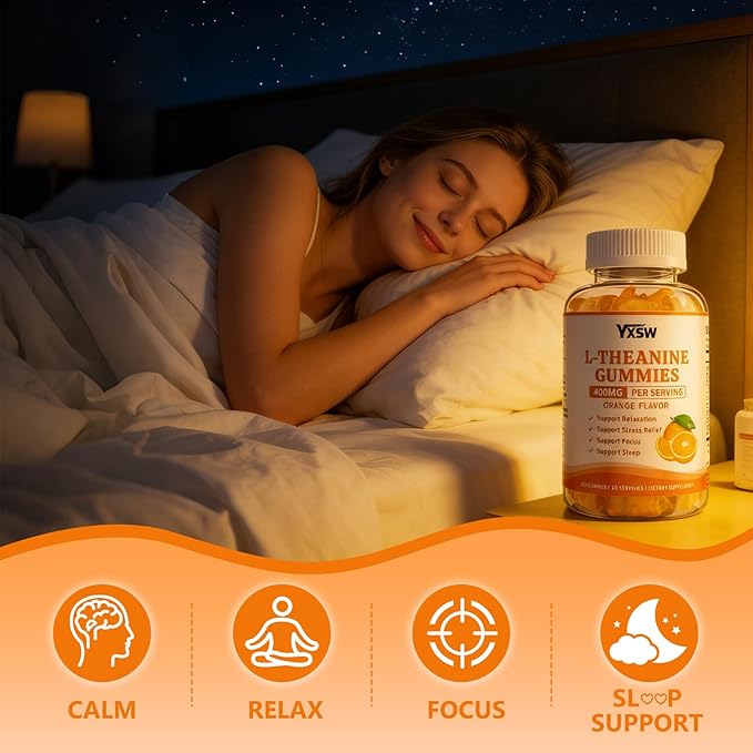 L-Theanine Gummies, Chewable L-Theanine Supplement for Adults & Kids 400mg with Ashwagandha, GABA, 5HTP for Relax, Zzz & Focus Support, Orange Flavor, 120 Counts