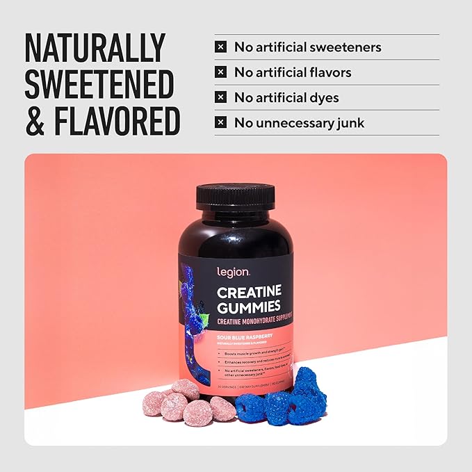 LEGION Creatine Monohydrate Gummies – Clean Chewable Creatine Supplement for Strength, Endurance & Muscle Recovery – 30 Sour Blue Raspberry Flavor Servings – No Artificial Flavors or Sweeteners