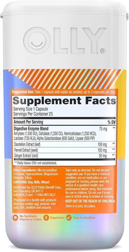 OLLY Beat The Bloat Capsules, Digestive Support Enzymes, Supplement for Women - 25 Count