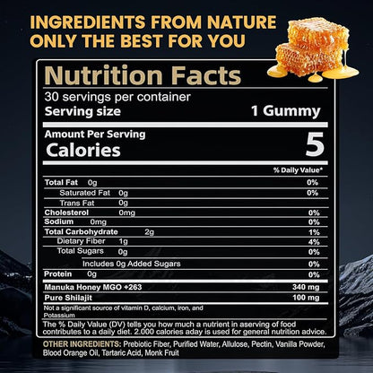 Primal Compound Shilajit Gummies for Men,with Manuka Honey, Organic Monk Fruit & Fulvic Acid, Shilajit Gummies Energy Supplements, 30 Gummies