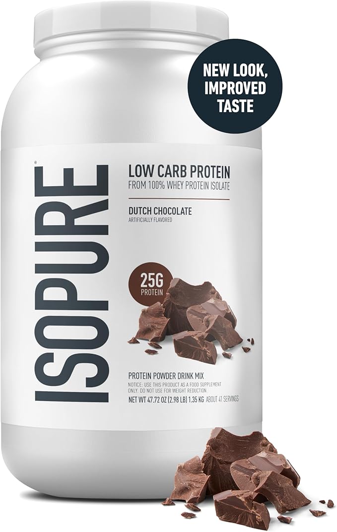 Isopure Low Carb 100% Pure Whey Isolate Protein Powder, Gluten Free, With Vitamins, Dutch Chocolate, 25g Protein Per Serving, 3.07 Lbs, 41 Servings (Packaging May Vary)