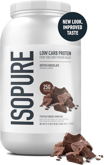 Isopure Low Carb 100% Pure Whey Isolate Protein Powder, Gluten Free, With Vitamins, Dutch Chocolate, 25g Protein Per Serving, 3.07 Lbs, 41 Servings (Packaging May Vary)