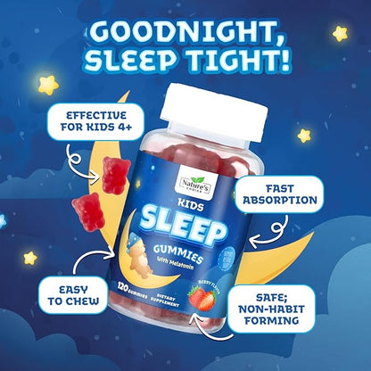 Nature's Choice Kids Sleep Gummies - 2mg Melatonin Per Serving - Children's Sleep Gummy, Non-Habit Forming, Works with Natural Sleep Cycle, Calm & Drug-Free, Tasty Natural Berry Flavor, 120 Gummies