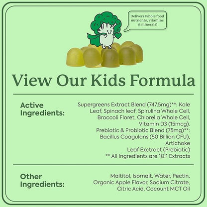 WonderGreens Kids Super Veggie Gummies – Sugar-Free, Allergen-Free Multivitamin for Picky Eaters with Probiotics – Tummy & Immune Support – Green Apple Flavor (30 Count)