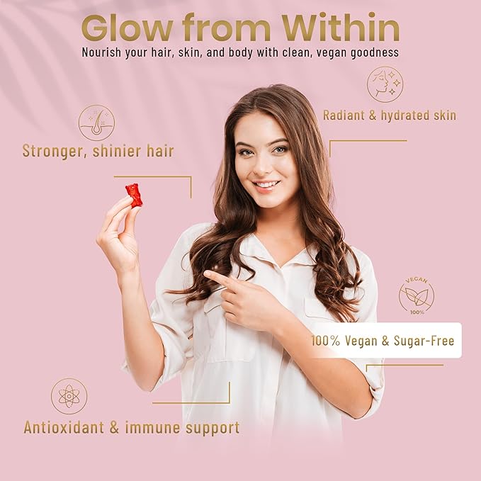 Hair, Skin & Nails Gummies for Women & Men – Sugar-Free Biotin with Hyaluronic Acid – Vegan Hair & Skin Support – 60 Gummies (30 Day Supply)