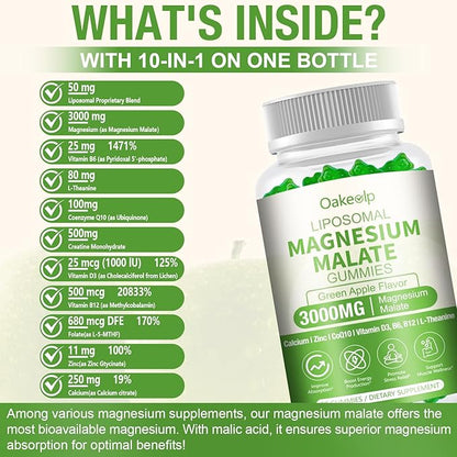 2 Pack Liposomal 3000mg Magnesium Malate Gummies Supplement,Complex Creatine Monohydrate,Folate, Active B12 & D3, L-Theanine & CoQ10, for Stress Relief,Methylation, Energy, Muscle & Calm