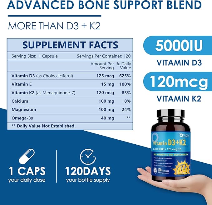 NATURE TARGET Vitamin D3 K2 with Calcium & Magnesium - 6-in-1 Complex - Max Strength for Bone, Heart & Immune - 5000 IU Vitamin D3, 120 mcg K2, Gluten-Free, 120 Servings