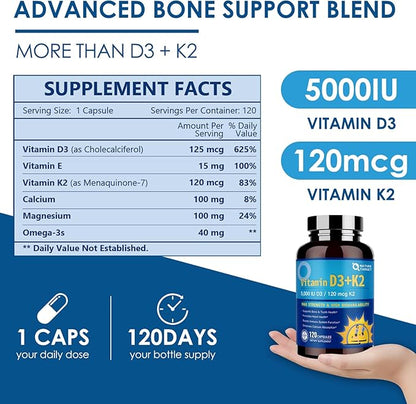 NATURE TARGET Vitamin D3 K2 with Calcium & Magnesium - 6-in-1 Complex - Max Strength for Bone, Heart & Immune - 5000 IU Vitamin D3, 120 mcg K2, Gluten-Free, 120 Servings