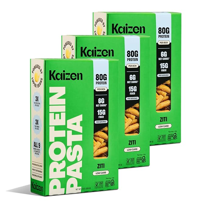 Kaizen Ziti Protein Pasta, 20g Protein, Low Carb (6g Net Carbs), Keto-Friendly, Gluten-Free, Plant-Based Lupini Noodles, High Fiber, 8 Ounce, Pack of 3