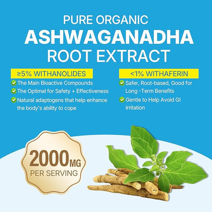 Ashwagandha Gummies, 2000mg Organic Ashwa Root Extract Supplement for Women & Men - 60 Count - Ashwagandha Blend Gummies Combination Supplements