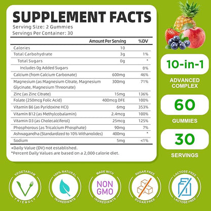 Calcium Magnesium Zinc Supplement with Vitamin D3, Sugar Free Calcium Gummies for Women Men, High Potency Magnesium Gummies for Bone & Muscle & Immune Health, Mixed Flavors - 60 Count