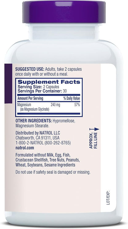 Natrol Magnesium Glycinate Supplements 240 mg - High Absorption - Calm Magnesium Glycinate for Sleep - 60 Capsules,30 Day Supply,(Pack of 2)