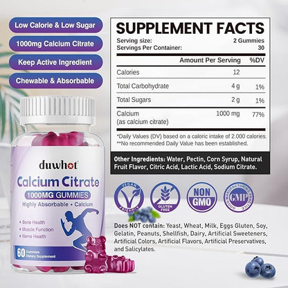 Calcium Citrate Gummies, Chewable Calcium Citrate 1000mg for Bone, Muscle & Immune Support, Ultimate Absorption Calcium Supplements for Women & Men, Blueberry, 120 Chews