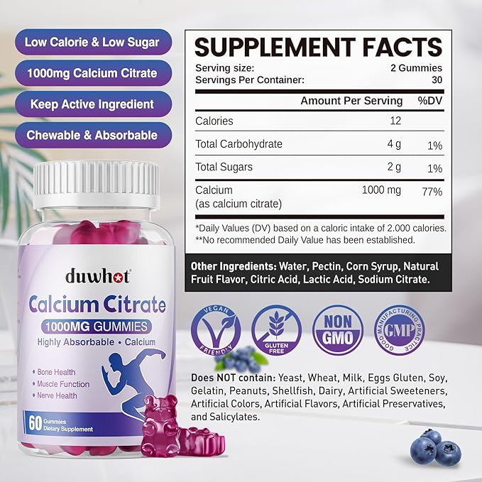 Calcium Citrate Gummies, Chewable Calcium Citrate 1000mg for Bone, Muscle & Immune Support, Ultimate Absorption Calcium Supplements for Women & Men, Blueberry, 60 Chews