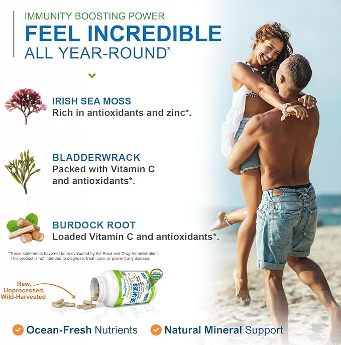 Power By Naturals Sea Moss Plus – USDA Organic Irish Sea Moss Capsules with Bladderwrack & Burdock Root – Immune Support – Vegan, Non-GMO, Gluten-Free – 120 Capsules, 2-Pack (2-Month Supply)